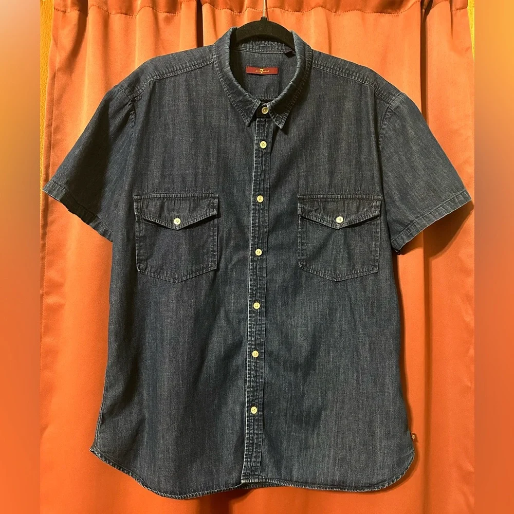 7 For All Mankind Blue Denim Button Down Women’s Size XXL Short Sleeve Top - Picture 1 of 13